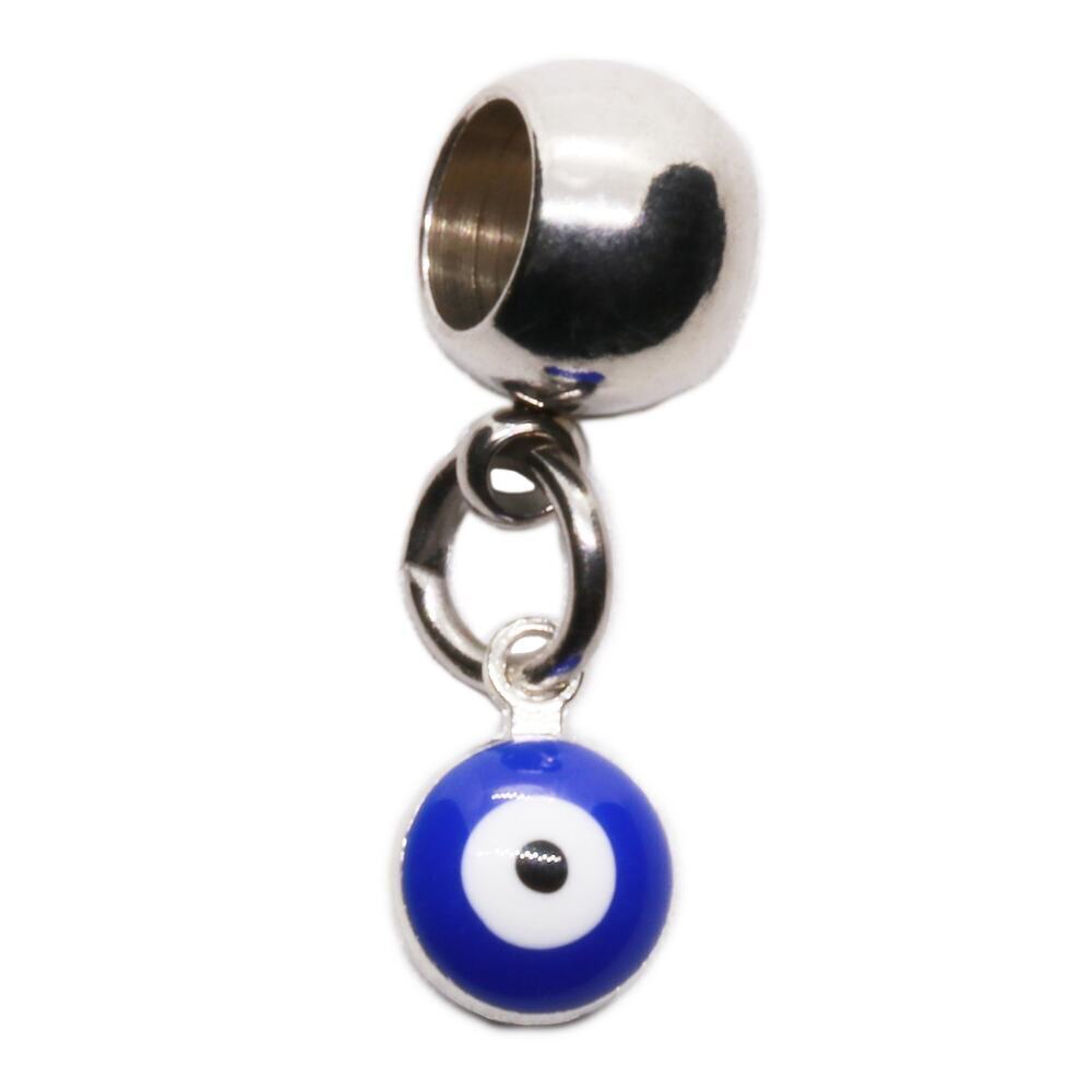 Blue Evil Eye Dangle Bead Charm for Bracelet or Necklace, Silver Tone Bead